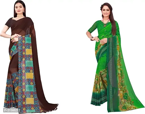 Stylish Georgette Multicoloured Printed Saree with Blouse piece For Women Pack Of 2-thumb0