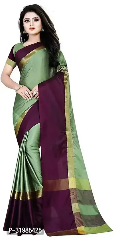 Stylish Dark Green Cotton Silk Saree With Blouse Piece For Women-thumb0