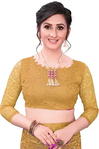 Stylish Beige Net Saree With Blouse Piece For Women-thumb1