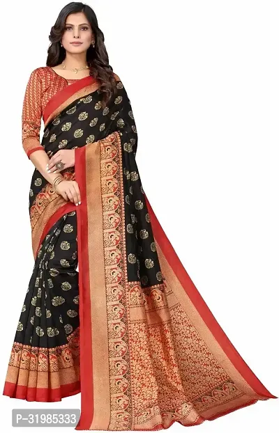 Stylish Black Cotton Silk Saree With Blouse Piece For Women