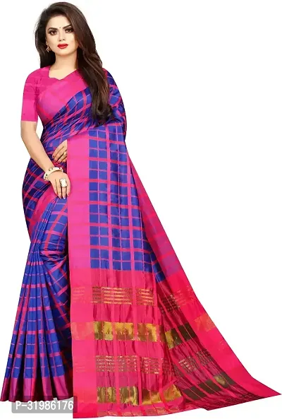 Stylish Blue Cotton Silk Saree With Blouse Piece For Women