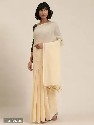 Stylish Cream Cotton Silk Saree With Blouse Piece For Women-thumb0