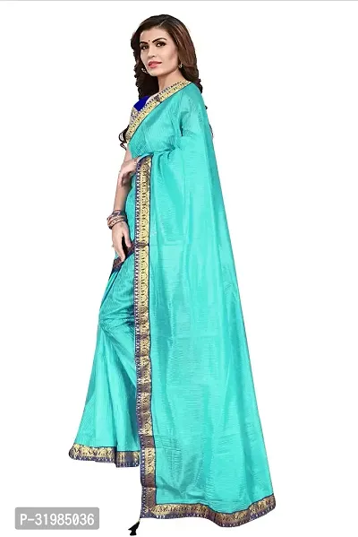 Stylish Turquoise Cotton Silk Saree With Blouse Piece For Women-thumb3