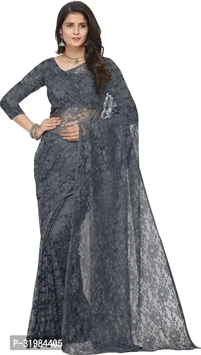 Stylish Grey Net Saree With Blouse Piece For Women-thumb0