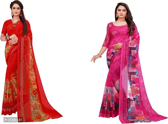 Stylish Georgette Multicoloured Printed Saree With Blouse Piece For Women Pack Of 2-thumb0