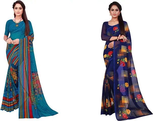 Stylish Fancy Georgette Saree With Blouse Piece Combo For Women Pack Of 2