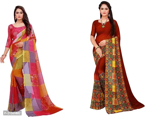 Stylish Georgette Multicoloured Printed Saree With Blouse Piece For Women Pack Of 2-thumb0