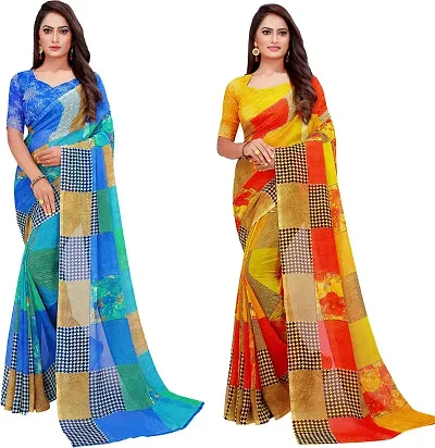 Stylish Fancy Georgette Saree With Blouse Piece Combo For Women Pack Of 2