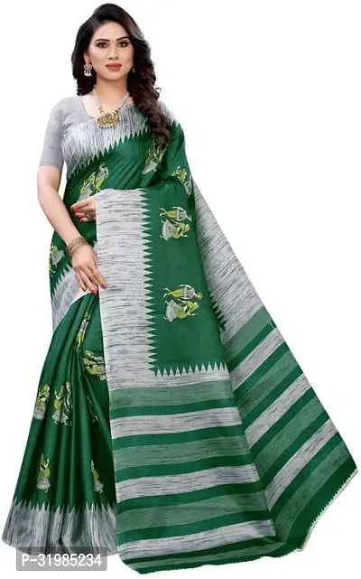 Stylish Green Cotton Silk Saree With Blouse Piece For Women-thumb0