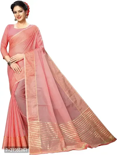 Stylish Peach Cotton Silk Saree With Blouse Piece For Women-thumb0