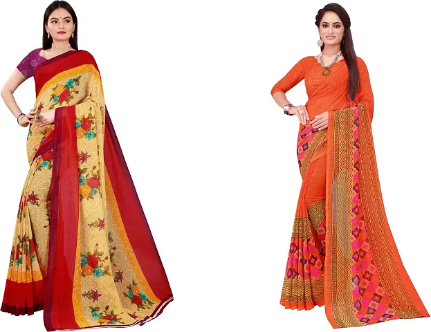 Stylish Fancy Georgette Saree With Blouse Piece Combo For Women Pack Of 2