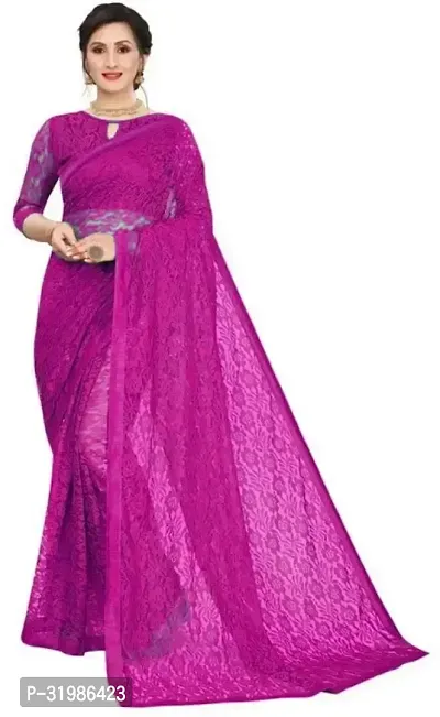 Stylish Magenta Net Saree With Blouse Piece For Women-thumb0