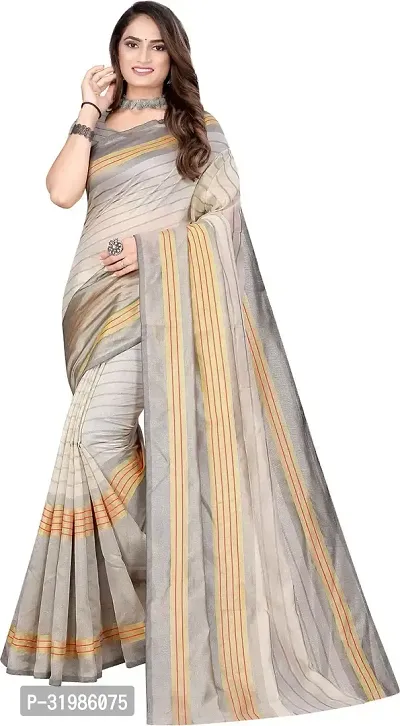 Stylish Grey Cotton Silk Saree With Blouse Piece For Women-thumb0