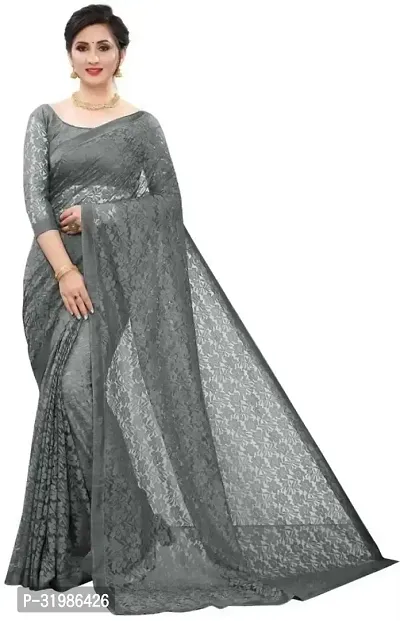 Stylish Grey Net Saree With Blouse Piece For Women-thumb0