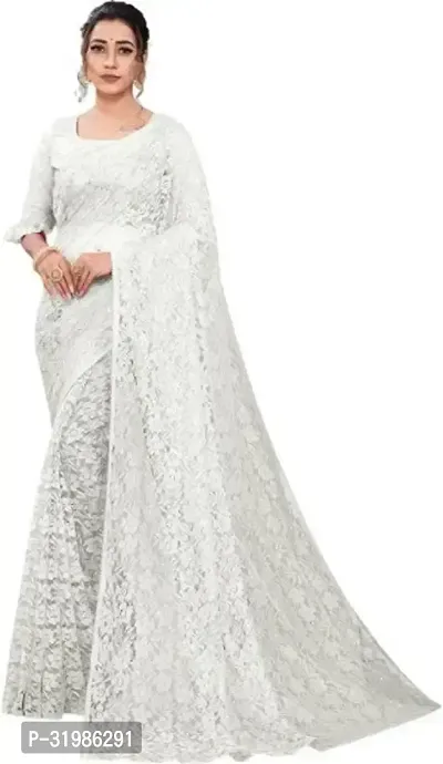 Stylish White Net Saree With Blouse Piece For Women-thumb0