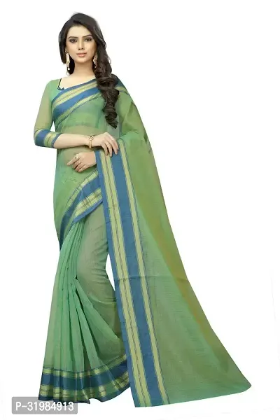 Stylish Green Cotton Silk Saree With Blouse Piece For Women