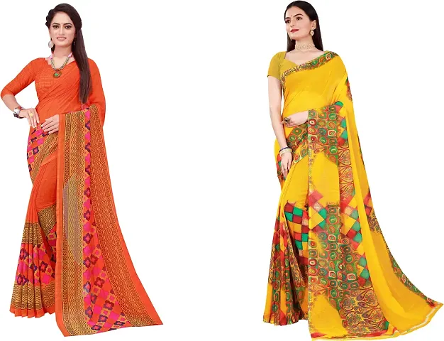 Elegant Floral Print Bollywood Georgette Women Saree With Blouse Piece -Pack Of 2