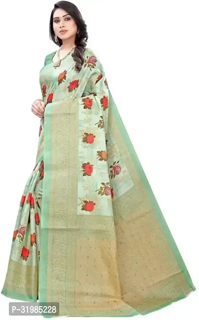 Stylish Green Cotton Silk Saree With Blouse Piece For Women-thumb2