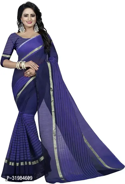 Stylish Navy Blue Cotton Silk Saree With Blouse Piece For Women-thumb0