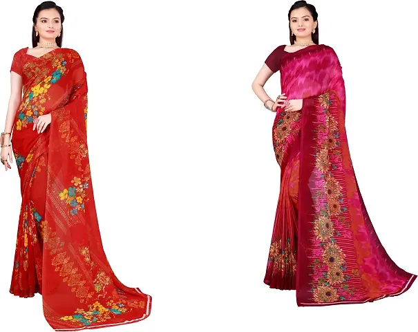 Stylish Fancy Georgette Saree With Blouse Piece Combo For Women Pack Of 2