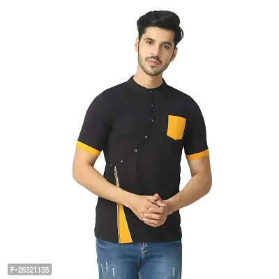 Black Collection Men's Self Design Mandarin Collar T Shirt-thumb0