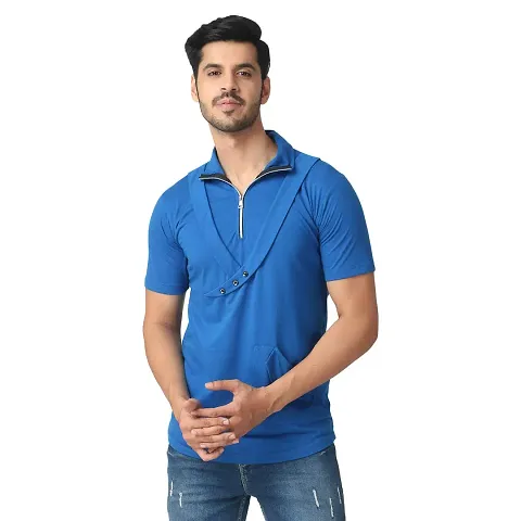 Black Collection Self Design Men Collared Neck Half Zip Half Sleeve T Shirt