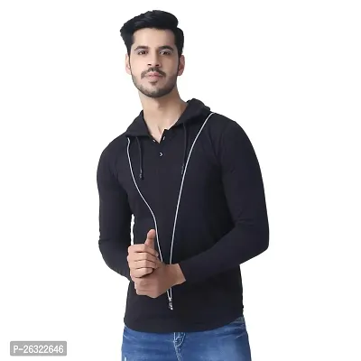 Black Collection Solid, Self Design Men Hooded Neck Full Sleeve T-Shirt