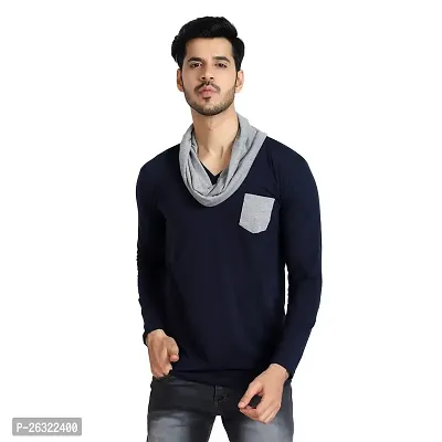 Black Collection Men's Polycotton V-Neck Attached Muffler Full Sleeve Smart Fit T-Shirt (Navy Blue, Grey, Small)