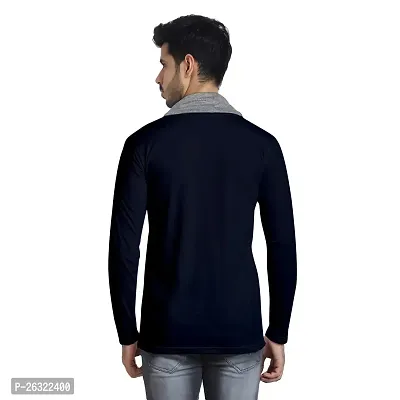 Black Collection Men's Polycotton V-Neck Attached Muffler Full Sleeve Smart Fit T-Shirt (Navy Blue, Grey, Small)-thumb2