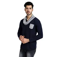 Black Collection Men's Polycotton V-Neck Attached Muffler Full Sleeve Smart Fit T-Shirt (Navy Blue, Grey, Small)-thumb2