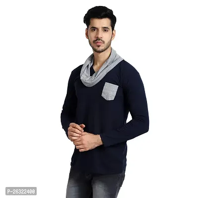 Black Collection Men's Polycotton V-Neck Attached Muffler Full Sleeve Smart Fit T-Shirt (Navy Blue, Grey, Small)-thumb3