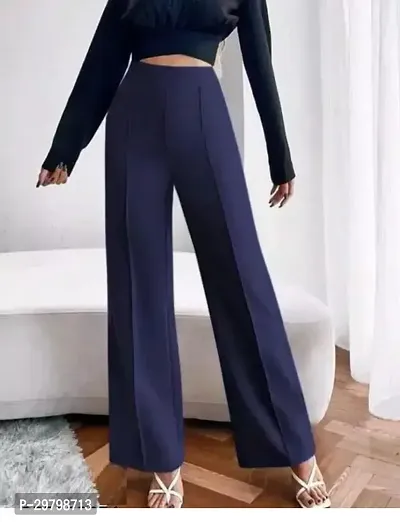 Elegant Blue Polycotton Solid Trousers For Women