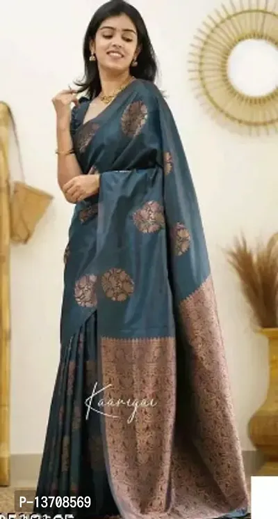 Stylish Art Silk Sea Green Woven Design Saree with Blouse piece For Women-thumb0