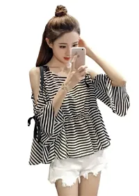 RAABTA FASHION Black and White Strips with Sleeves and Shoulders Black Knotes Top-thumb1