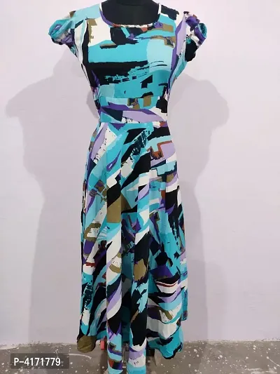 Stylish Crepe Turquoise Printed Dress For Women-thumb0