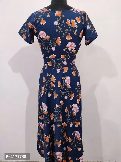 Stylish Crepe Blue Floral Print Dress For Women-thumb0