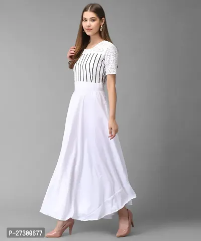 Stylish White Crepe Striped Fit And Flare Dress For Women-thumb0