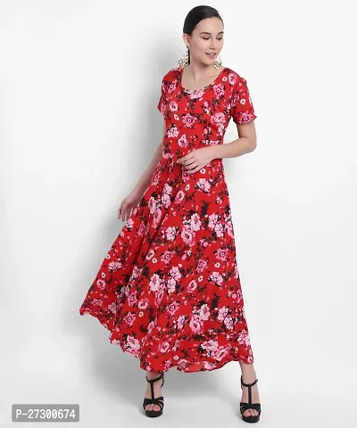 Stylish Red Crepe Printed Fit And Flare Dress For Women-thumb0