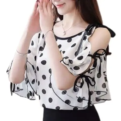 RAABTA FASHION 11019 Polka Dot with Sleeve Knotes Top-S