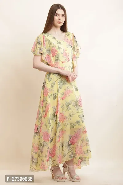 Stylish Yellow Georgette Printed Fit And Flare Dress For Women-thumb0