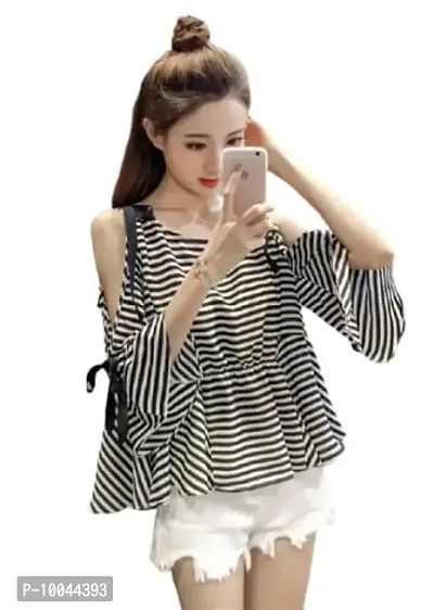 RAABTA FASHION Black and White Strips with Sleeves and Shoulders Black Knotes Top