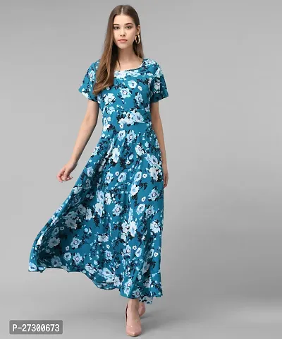 Stylish Blue Crepe Printed Fit And Flare Dress For Women