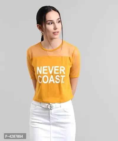 Mustard Never Coast Print Top With Net Yoke-thumb0