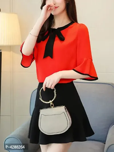 RBT- RED WTH BLCK TIE TOP WTH BELL SLEEVE