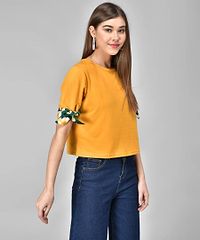 Raabta Mustard Half Sleeve Green Print Knot Top-thumb2