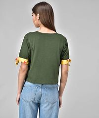 Raabta Rama Green Half Sleeve Yellow Print Knot Top-thumb1