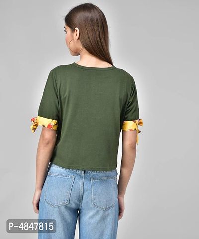 Raabta Rama Green Half Sleeve Yellow Print Knot Top-thumb2