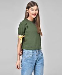 Raabta Rama Green Half Sleeve Yellow Print Knot Top-thumb2