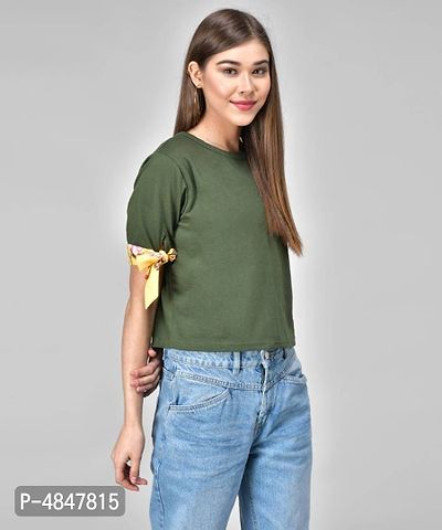 Raabta Rama Green Half Sleeve Yellow Print Knot Top-thumb3