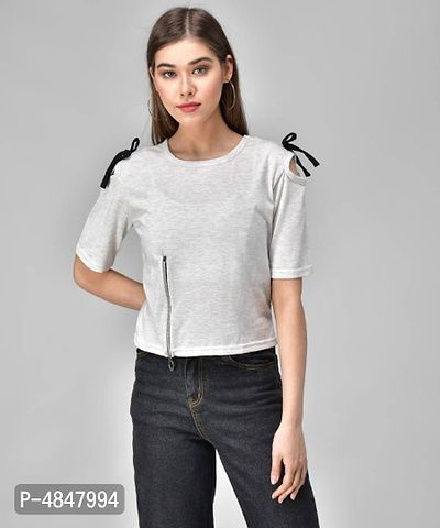 Raabta White Cold Shoulder Knot Top With Zipper